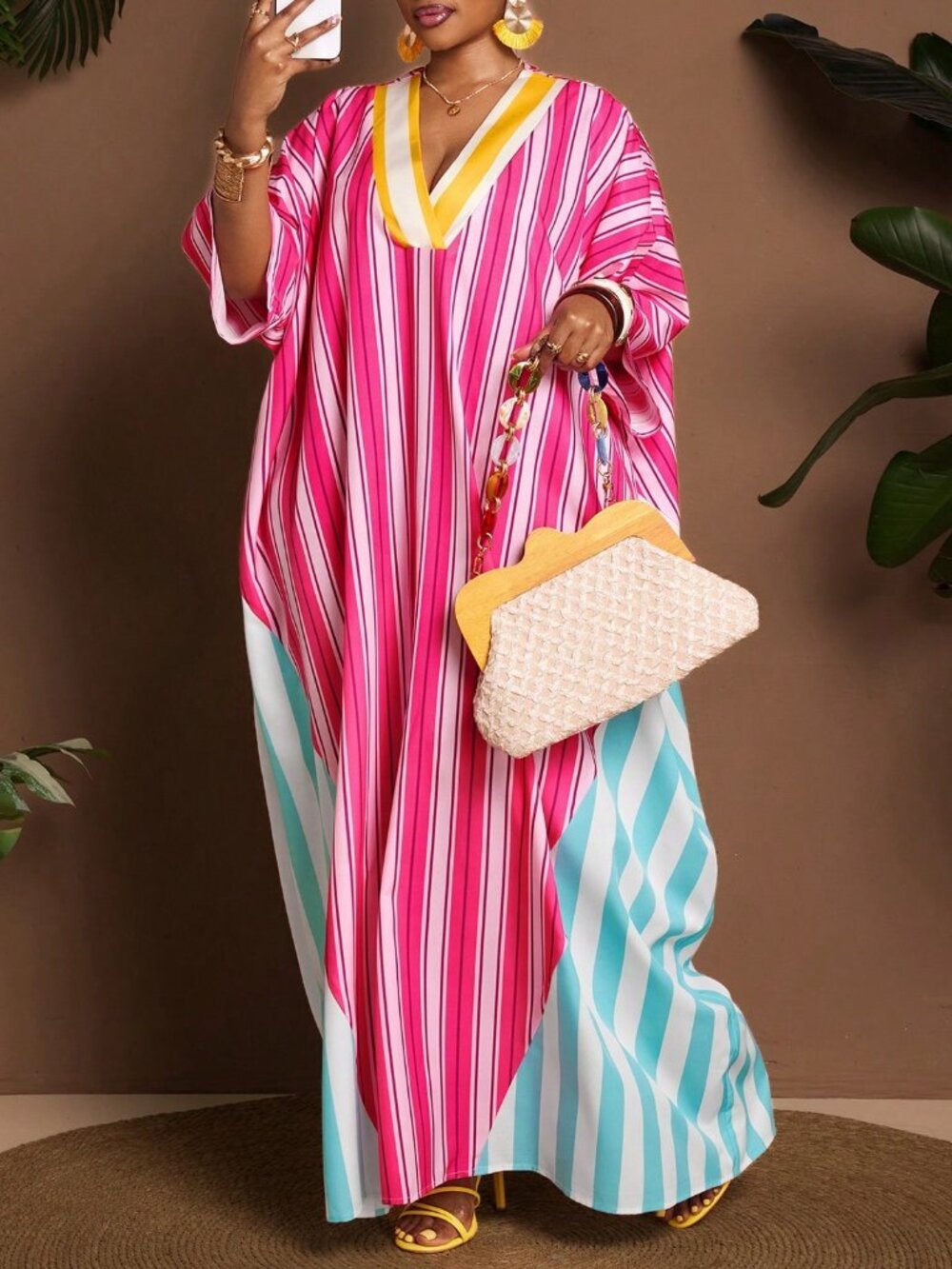 Multicolor Bohemian Women's Modest Plus Size Striped Dress with Loose Silhouette